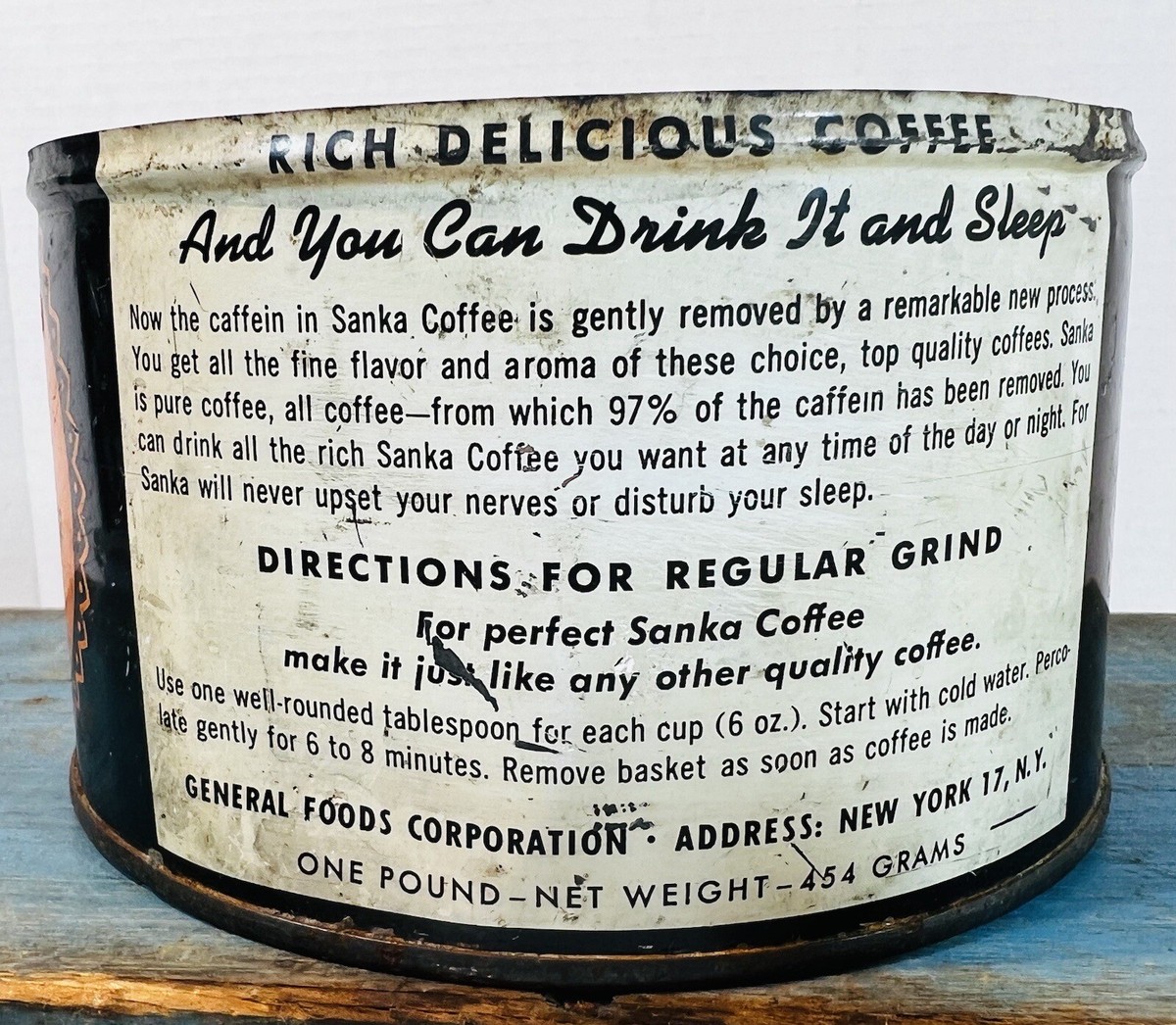 Vtg Sanka Coffee Lets You Sleep Keywind Tin Can Orange Brown 5