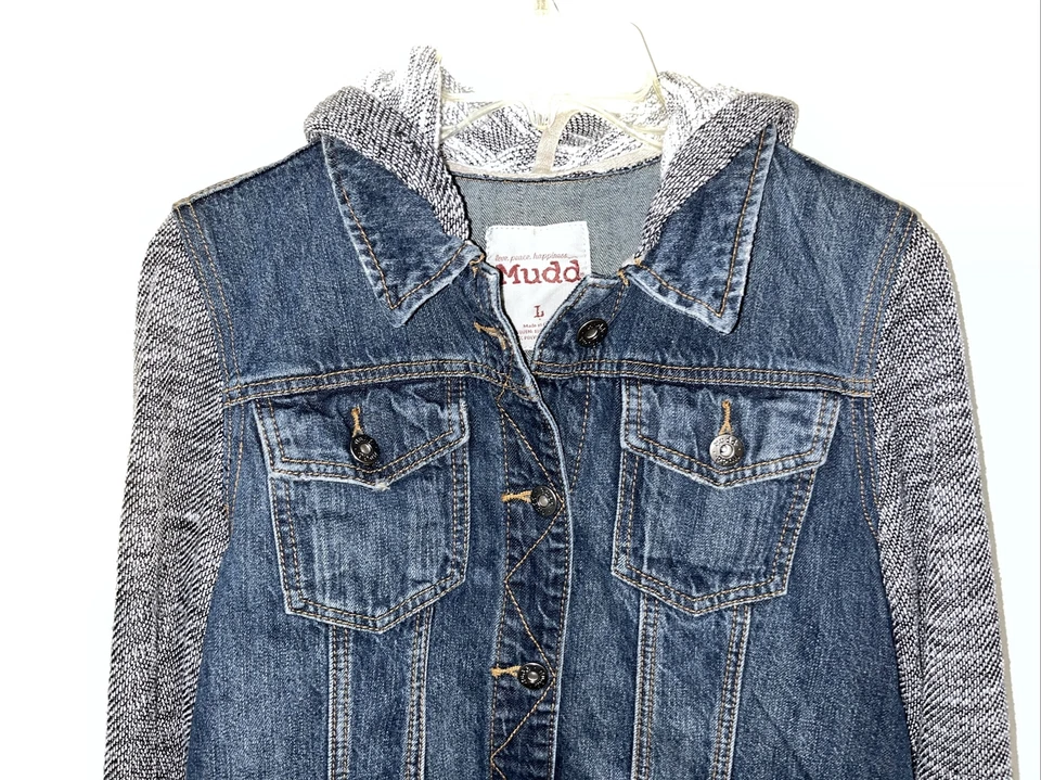 Chaqueta de Camionero Mudd Con Capucha Niñas Grande Azul Denim Delantero Gris Tejido Mangas Traseras Foto 3 de 4