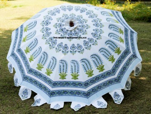 Indian Hand Block Print Patio Outdoor Parasol Decor White Garden Umbrella 80" - Afbeelding 1 van 4