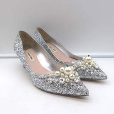 Miu Miu Pearl  Crystal-Embellished Low-Heel Pumps Silver Glitter Size 38