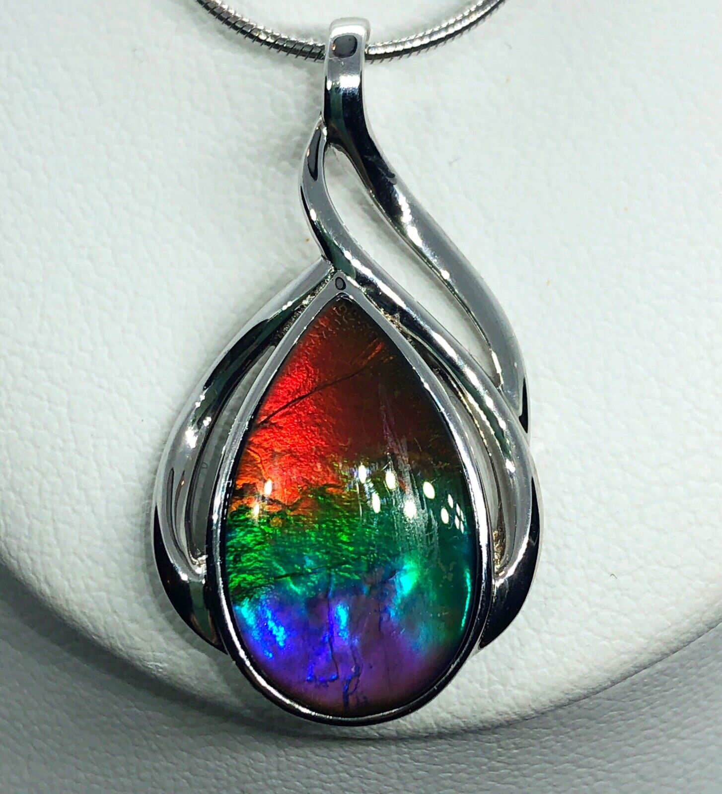 Ammolite Rainbow Sterling Silver Rhodium Pendant Tear Drop 18x11 with 18”Chain