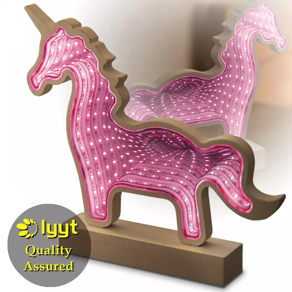 Wooden Frame Pink Unicorn Infinity Mirror Light LED Lyyt Battery