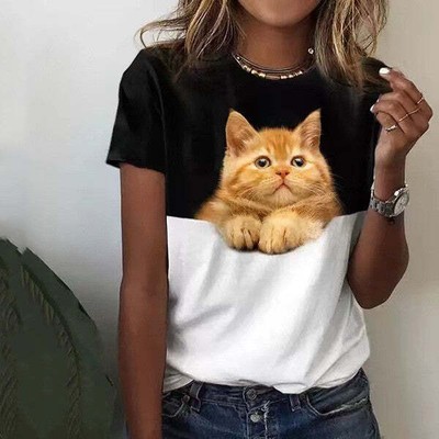 Cartoon Cat Round Neck Digital Printed Short-sleeved T-shirt For Women