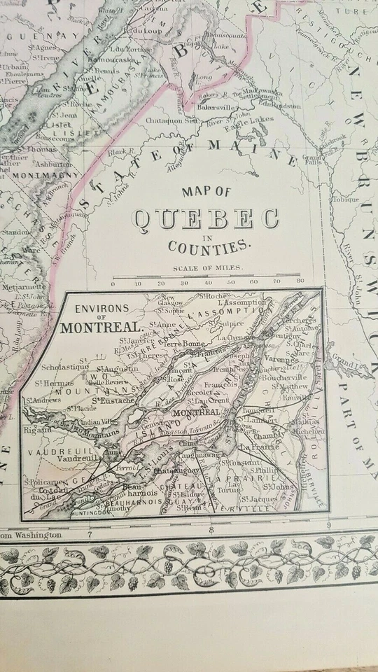 MAPA ANTIGUO COLOREADO A MANO - QUEBEC EN CONDADOS - 1880 Foto 2 de 4