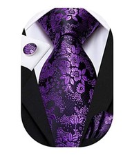 Mens Plaid Ties Classic Necktie with Handkerchief Cufflinks Set Purple