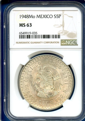 1948 Mo Mexico NGC MS63 Silver 5 Pesos S5P Cinco Pesos Cuauhtemoc MS-63