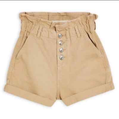 Topshop Paperbag High Waist Button Fly Rolled Hem Denim Shorts Sz 8US Tan NWT