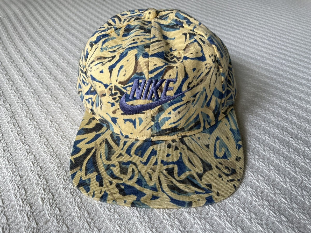 Vintage Nike Leaf Print Hat Cap Blue Yellow AOP 80s 90s Rare