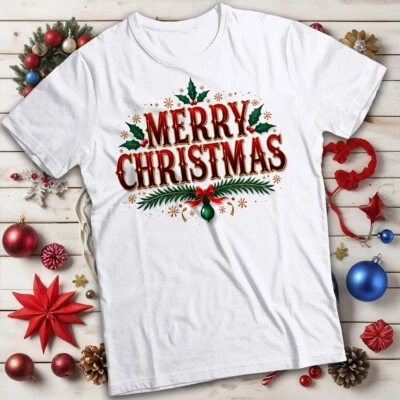Mens and Womens Rich Red and Gold Merry Christmas T-Shirt Tee #MC