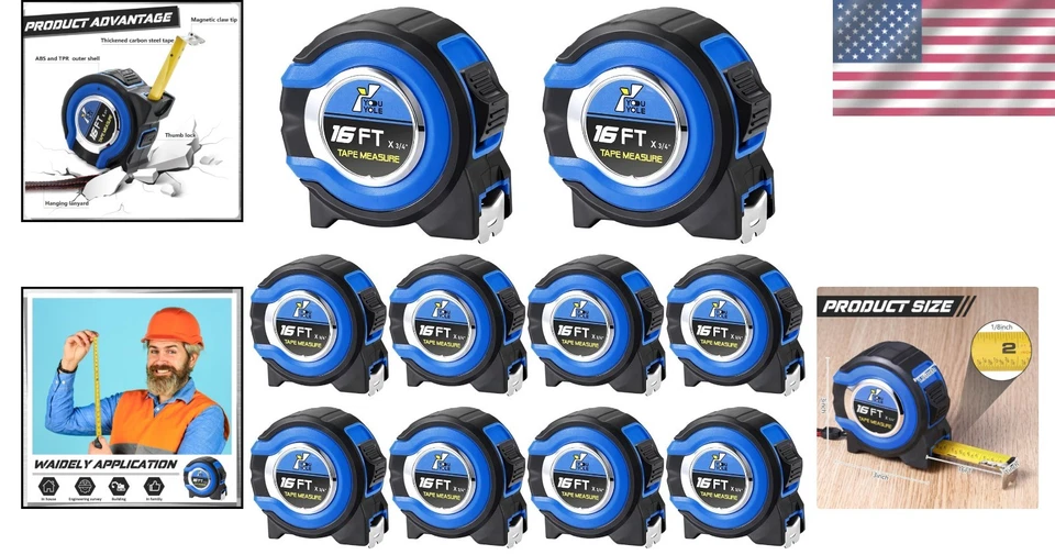 Retractable 16ft Measuring Tape - 10-Pack with Clear Fractional Readings in Blue - Image 2 of 4