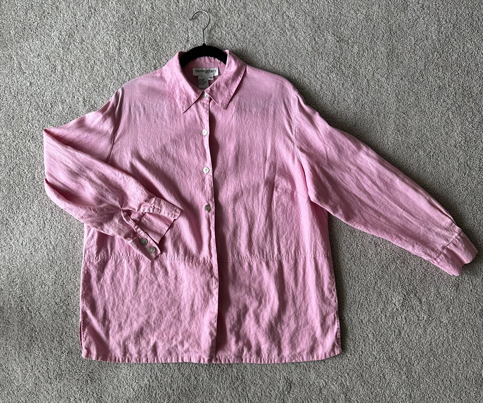 Camisa Bloomingdales Rosa 100% Lino Abotonada Manga Larga Bolsillos Talla XL  Foto 3 de 4