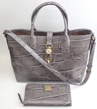 Dooney Bourke GRAY Croc Leather Pembroke Amelie Large Shoulder Tote Bag & Wallet