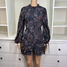 ZARA Womens Smocked Floral Mini Dress Blue Brown Ruffle High Neck Size M
