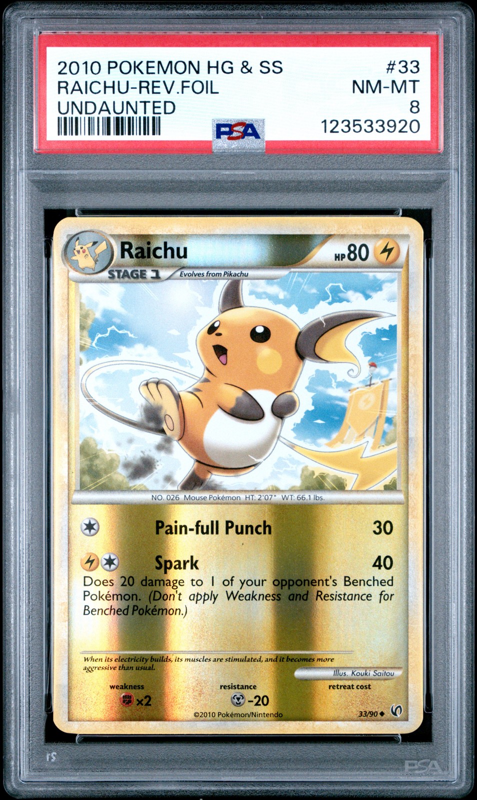 2010 POKEMON HEARTGOLD & SOULSILVER UNDAUNTED #33 RAICHU-REVERSE FOIL PSA 8
