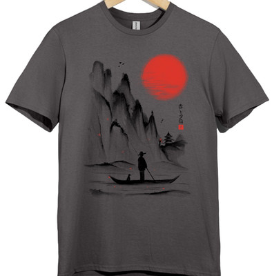 Japanische Sonne Fischer Berg Zen Tinte Kunst Sumi Malerei Rudern Grafik T-Shirt