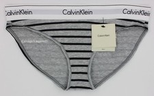 NWT Calvin Klein F3787 "Modern" Logo Cotton Bikini, Gray w/ Black Stripes