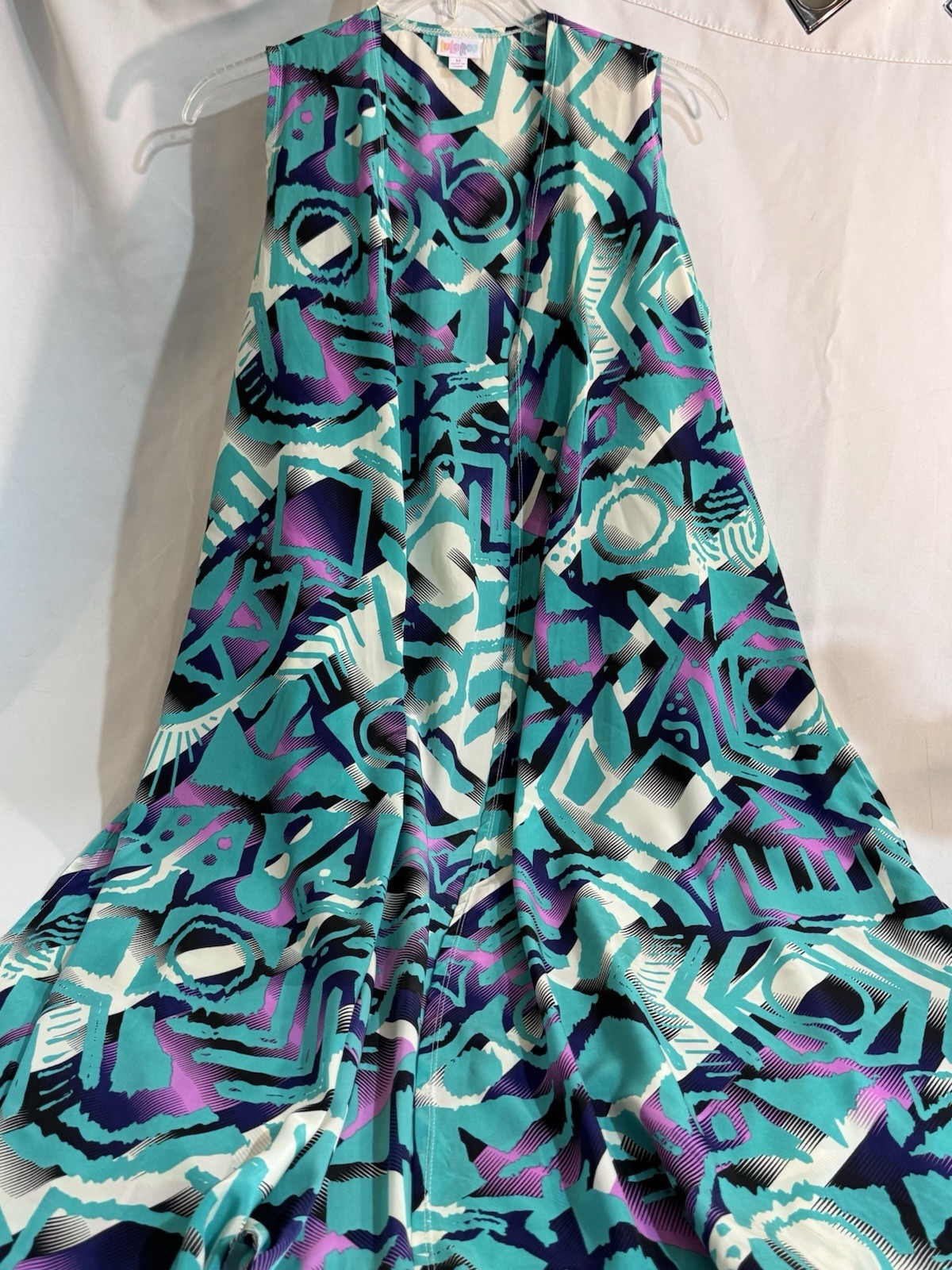 LuLaroe Joy M Teal/Multi Colored Abstract Pattern Vest Duster Resort Wear J18