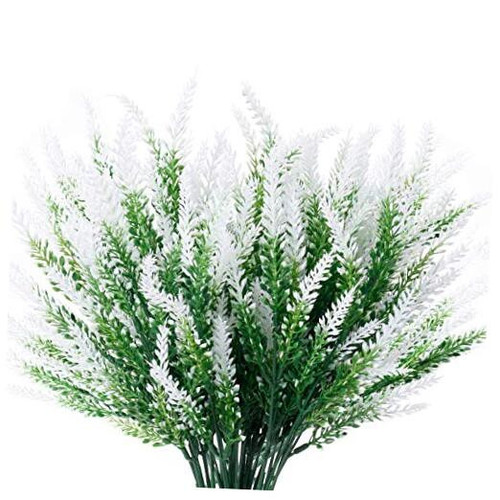 8 Bundles Artificial Lavender Flowers Outdoor UV Resistant Fake Classic White