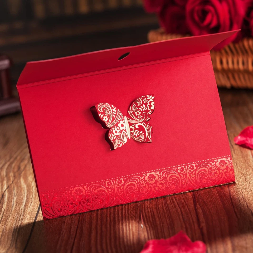 50pcs Red Laser Cut Lace Flora Invitations Cards with Gold Butterfly and Enve... - Image 3 of 4
