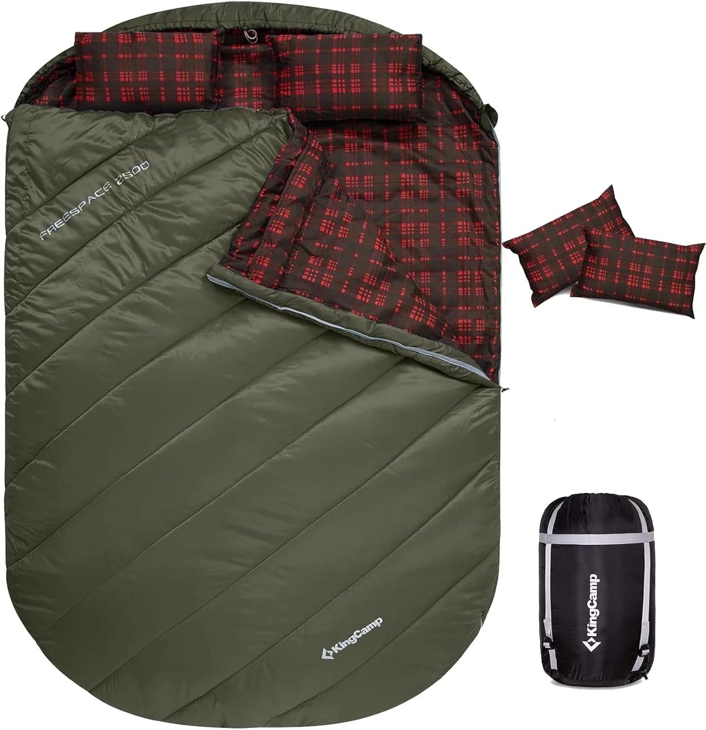 KingCamp FreeSpace 250D Double Sleeping Bag for Adults, 2 Person, Olive, Flannel