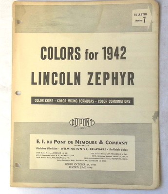 1942 LINCOLN DUPONT COLOR PAINT CHIP CHART ALL MODELS ORIGINAL 