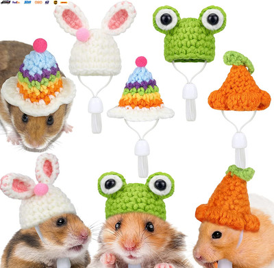 4 Pieces Hamster Hat Mini Small Animals Hat with Adjustable Strap Lovely Hand Kn