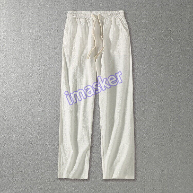 Chinese Men Slacks Straight Harem Pants Drawstring Trousers Cotton Linen Pants