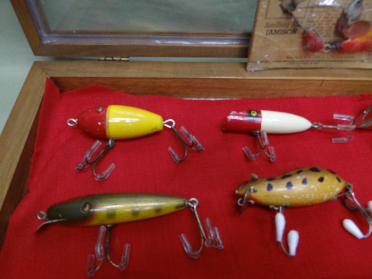 Vintage Glass Top Fishing Lure Display, Heddon, CCB, SB Vintage Glass Top Fishing Lure Display, Heddon, CCB, SB