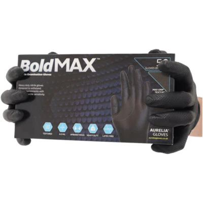 BOLD MAX Black Disposable Nitrile Gloves Heavy Duty Grip Textured Powder and Latex Free