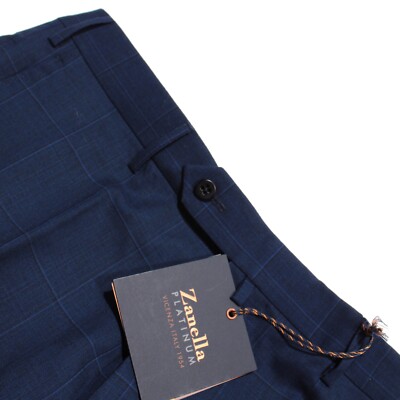 Zanella Platinum NWT Dress Pants Size 33 US Parker In Blue Plaid 100% Wool