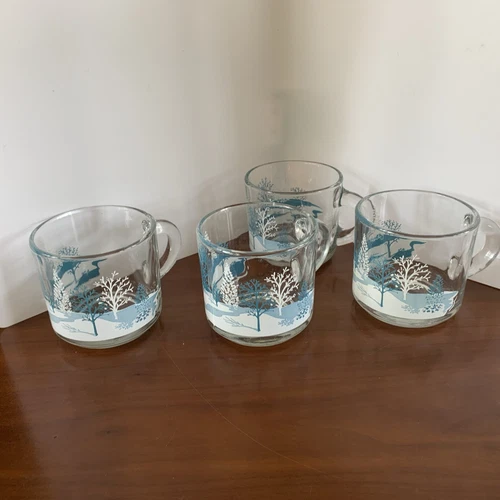 Winter Tree Scene Glass Mugs 4 Piece Set Anchor Hocking Clear Coffee Cup Vintage