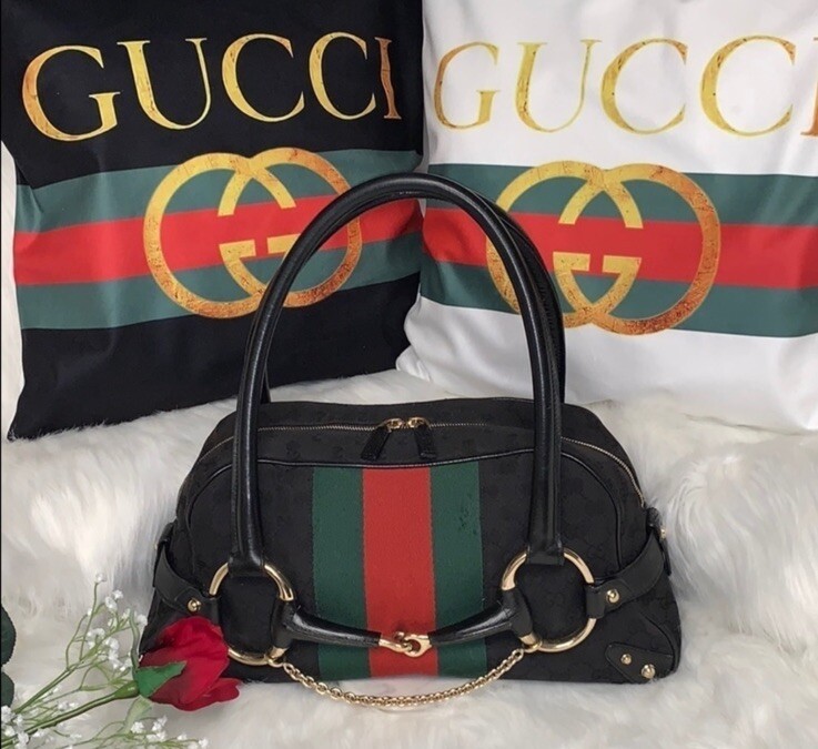 Gucci GGロゴ ストライプ ハンドバッグ GUCCI HORSE-BIT RACING STRIPE GG MONOGRAM CANVAS & LEATHER