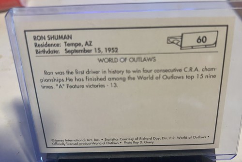 1991 World of Outlaws Racing, Ron Shuman, Card #60, In Protective Sleeve. - Picture 2 of 2