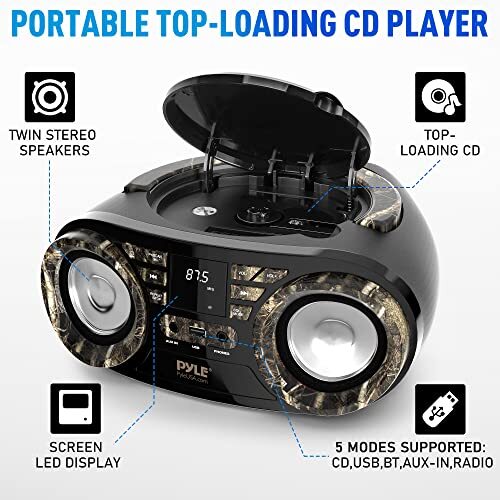 Pyle 50W Portable CD Player Boombox with Bluetooth, USB, Aux, Headphone Jack