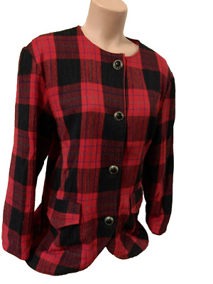 Vintage Retro red plaid blazer La More top long sleeve size M