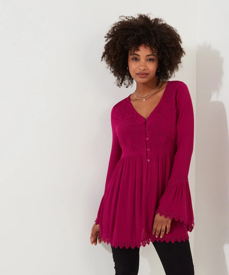 Joe Browns Women's Embroidered Lace Trim Tunic Top, Pink, 6