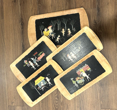 Kentley Corp-Mimi and Pepe Poodles - Scene 1-5 Vintage trays - 4 small/ 1 large