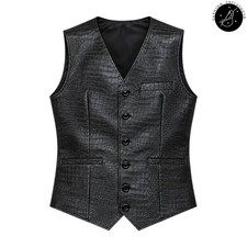 Men's Black Genuine Leather Crocodile Embossed Biker Leather Vest Regular Fit