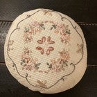 VTG Round Embroidered Pink & Green Floral Textured Throw Pillow With Velvet Back — photo 1