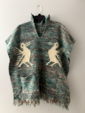 Vtg Wool Blanket Poncho Green Multi Colored Fringe Birds Southwestern Bohemian