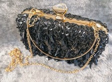 Vintage Black Beaded Sequin Evening Clutch Purse Gold Chain Formal Party Bag