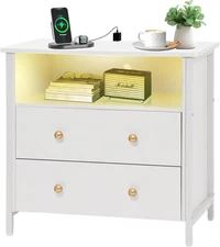 27 Inch Wide Night Stand, Large Wood Night Stand with 2 Drawers, LED Nightstand