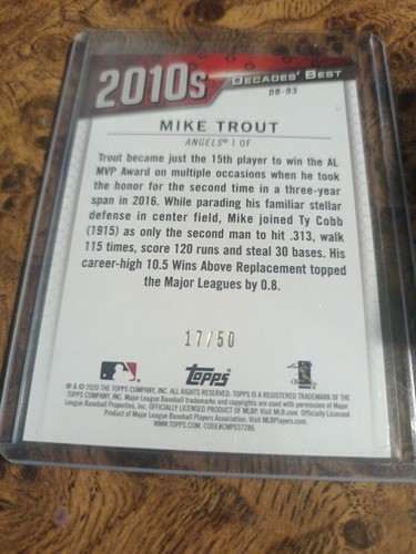 2020 Topps Mike Trout Decades Best Award Winners Paper SP DB-93 /50 - Picture 2 of 2