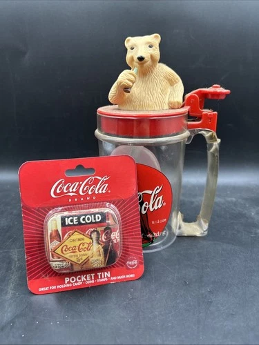 Vintage 1997 Coca Cola Polar Bear Mug Funomenon & Pocket Tin Set. ML