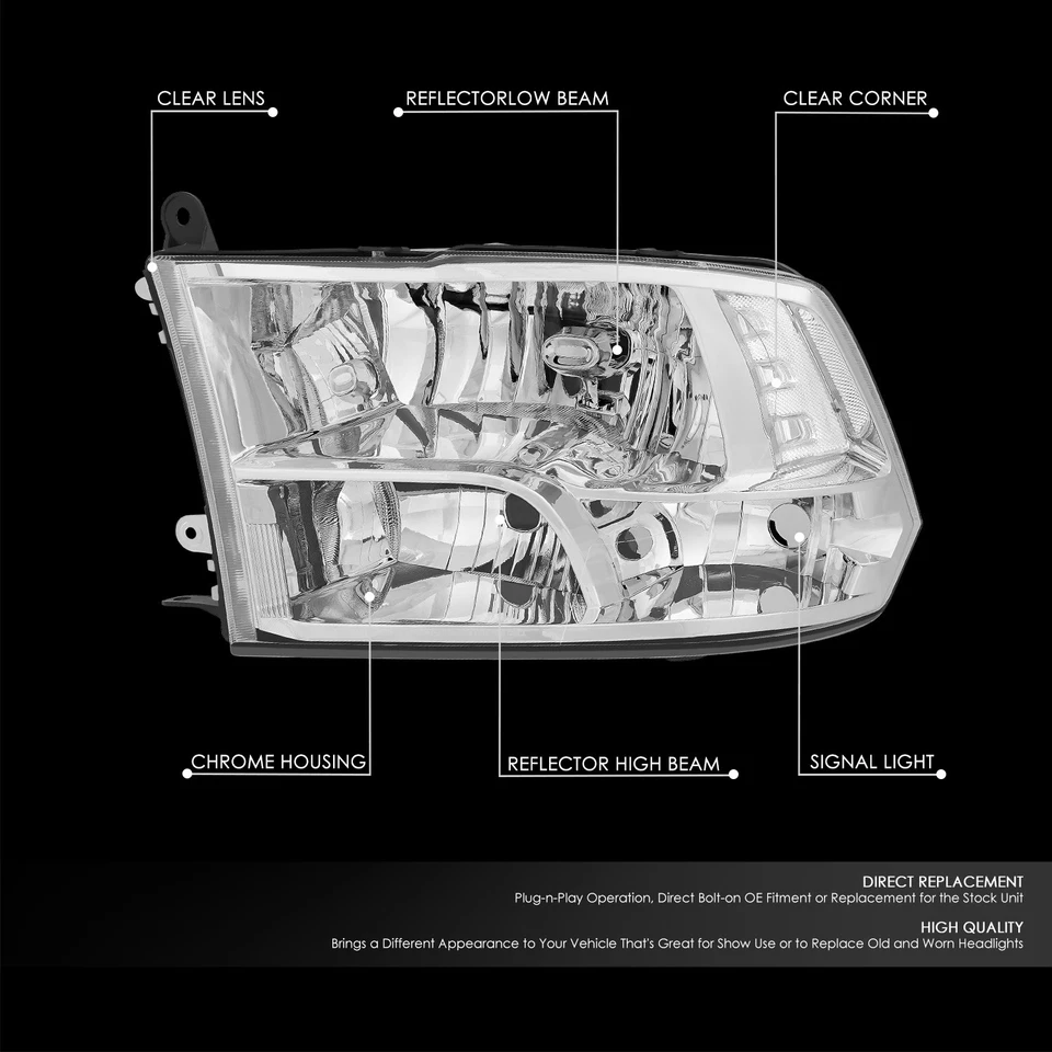 Faróis refletores transparentes carcaça cromada Dodge Ram 1500 2500 3500 2009-2012 - Imagem 2 de 4