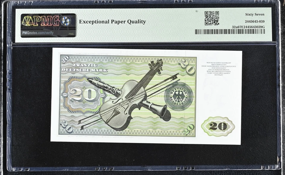 Germany Federal Republic 20 Deutsche Mark 1970 P 32a UNC PMG 67 EPQ 3rd TOP POP - Image 2 of 4