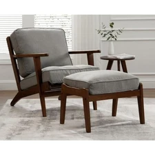 Mid century modern accent chair with ottoman linen fabric reading chai