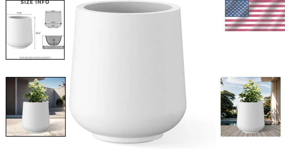 Elegante maceta redonda de hormigón blanca pura de 11,6" con drenaje para hogar y jardín Foto 2 de 4