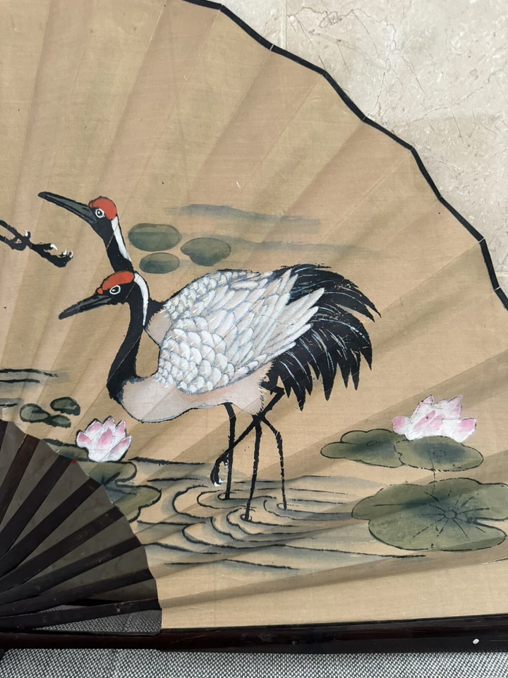 Antiguo abanico chino grande pintado a mano para colgar en la pared grúas y caligrafía GRANDE Foto 4 de 4