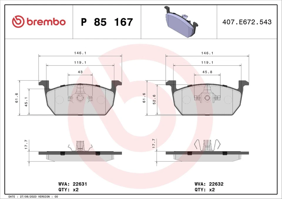 Front Brake Pad Set for Audi A1, Seat ARONA, Skoda KAMIQ, VW Polo BREMBO - Image 2 of 2